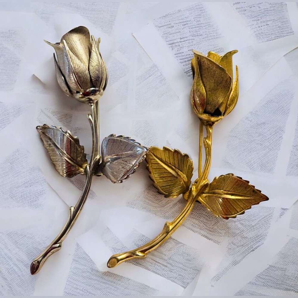 Gold tone and Silver tone Rose Brooch Set